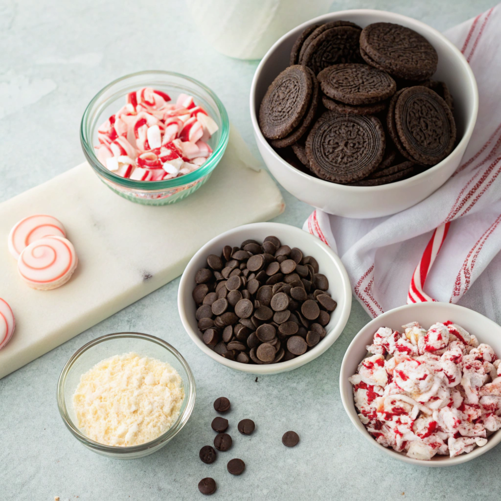 2 cups semi-sweet chocolate chips

2 cups white chocolate chips

1 cup crushed peppermint candy canes

1 cup crushed chocolate sandwich cookies (like Oreos)

1 teaspoon peppermint extract

Parchment paper