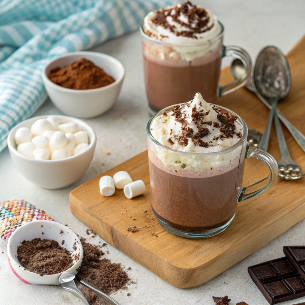 2 cups whole milk (or any milk alternative your family prefers).

2 tablespoons unsweetened cocoa powder.

2 tablespoons sugar (adjust to your taste).

1/4 teaspoon vanilla extract.

A pinch of salt.

Optional toppings: whipped cream, marshmallows, chocolate shavings, or sprinkles (because kids love sprinkles).