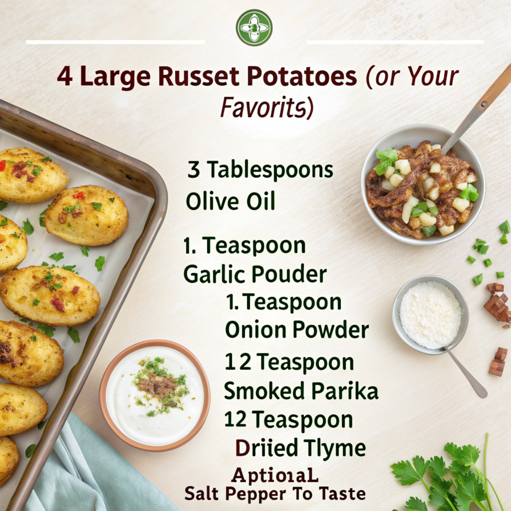 4 large russet potatoes (or your favorite variety)

3 tablespoons olive oil

1 teaspoon garlic powder

1 teaspoon onion powder

½ teaspoon smoked paprika

½ teaspoon dried thyme (optional)

Salt and pepper to taste

Optional toppings: shredded cheese, sour cream, green onions, bacon bits, or fresh parsley