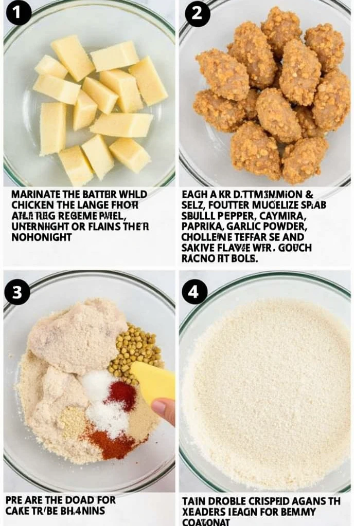 1. Marinate the Chicken

Place the chicken pieces in a large bowl and pour the buttermilk over them until fully submerged. Cover the bowl and refrigerate for at least 4 hours, or overnight for the best results. The buttermilk works to tenderize the chicken while adding a subtle tangy flavor.

2. Prepare the Coating

In a separate large bowl, combine the flour, salt, black pepper, paprika, garlic powder, cayenne pepper, and baking powder. Mix well to ensure the seasoning is evenly distributed.

3. Coat the Chicken

Remove the chicken from the buttermilk, allowing any excess to drip off. Dredge each piece in the seasoned flour mixture, pressing lightly to adhere. For an extra crispy coating, dip the floured chicken back into the buttermilk, then dredge it in the flour mixture again for a double coating.