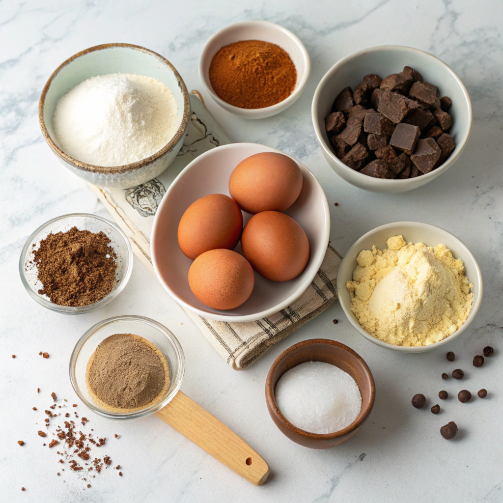 6 large eggs (separated)

3/4 cup granulated sugar

1/2 cup all-purpose flour

1/4 cup unsweetened cocoa powder

1 tsp vanilla extract

1/4 tsp salt