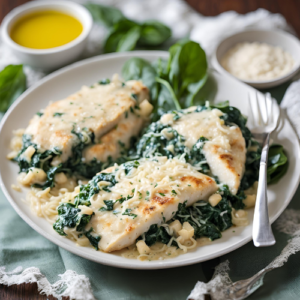 2 large chicken breasts (or tofu if you’re going meat-free) 2 cups fresh spinach—so good for those growing kiddos! 1 cup heavy cream ½ cup grated Parmesan cheese 3 garlic cloves, minced Salt and pepper to taste 2 tbsp olive oil