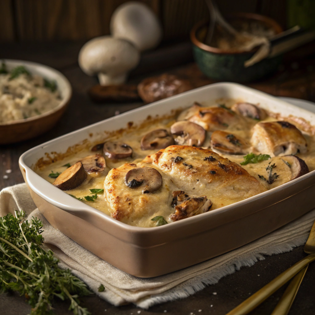 Cooking the Chicken and Mushrooms

Heat olive oil in a large skillet over medium heat.

Sear the chicken breasts for 3-4 minutes per side until golden brown. Remove and set aside.

In the same skillet, add butter, mushrooms, onion, and garlic. Sauté until the mushrooms are browned and the onions are soft.