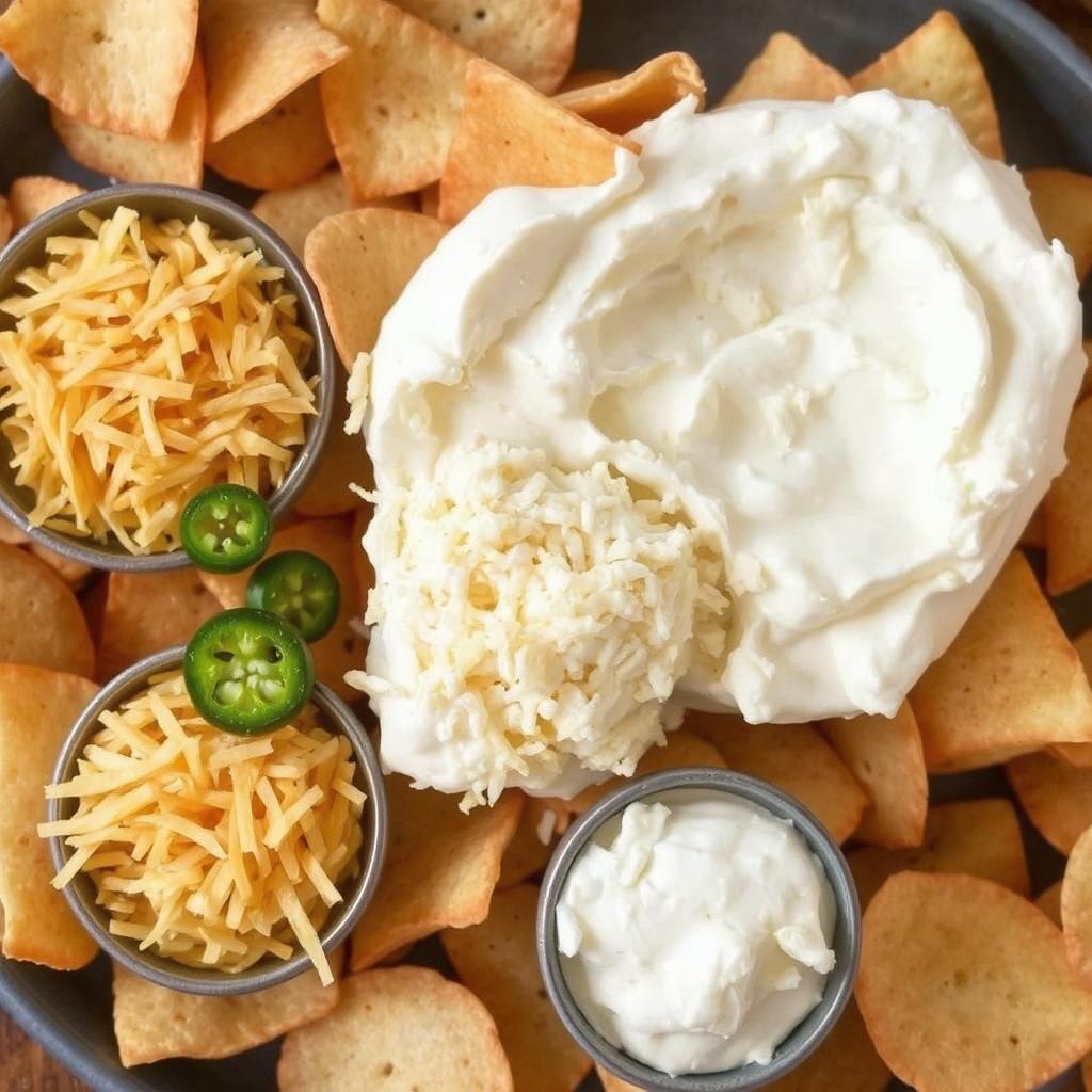 Cream Cheese (8 oz): The creamy base of the dip. I always go for full-fat because it’s so much richer.

Sour Cream (1/2 cup): Adds a tangy touch that balances the flavors perfectly.

Shredded Cheese (1 cup): Cheddar is my favorite, but feel free to experiment with mozzarella or a Mexican blend.

Garlic Powder (1 tsp): A pantry staple that adds a little extra something.

Onion Powder (1 tsp): Subtle sweetness that rounds out the flavors.

Salt & Pepper (to taste): Essential for seasoning.

Optional Mix-Ins: My kids love it when I add crumbled bacon or diced jalapeños for a bit of a kick.