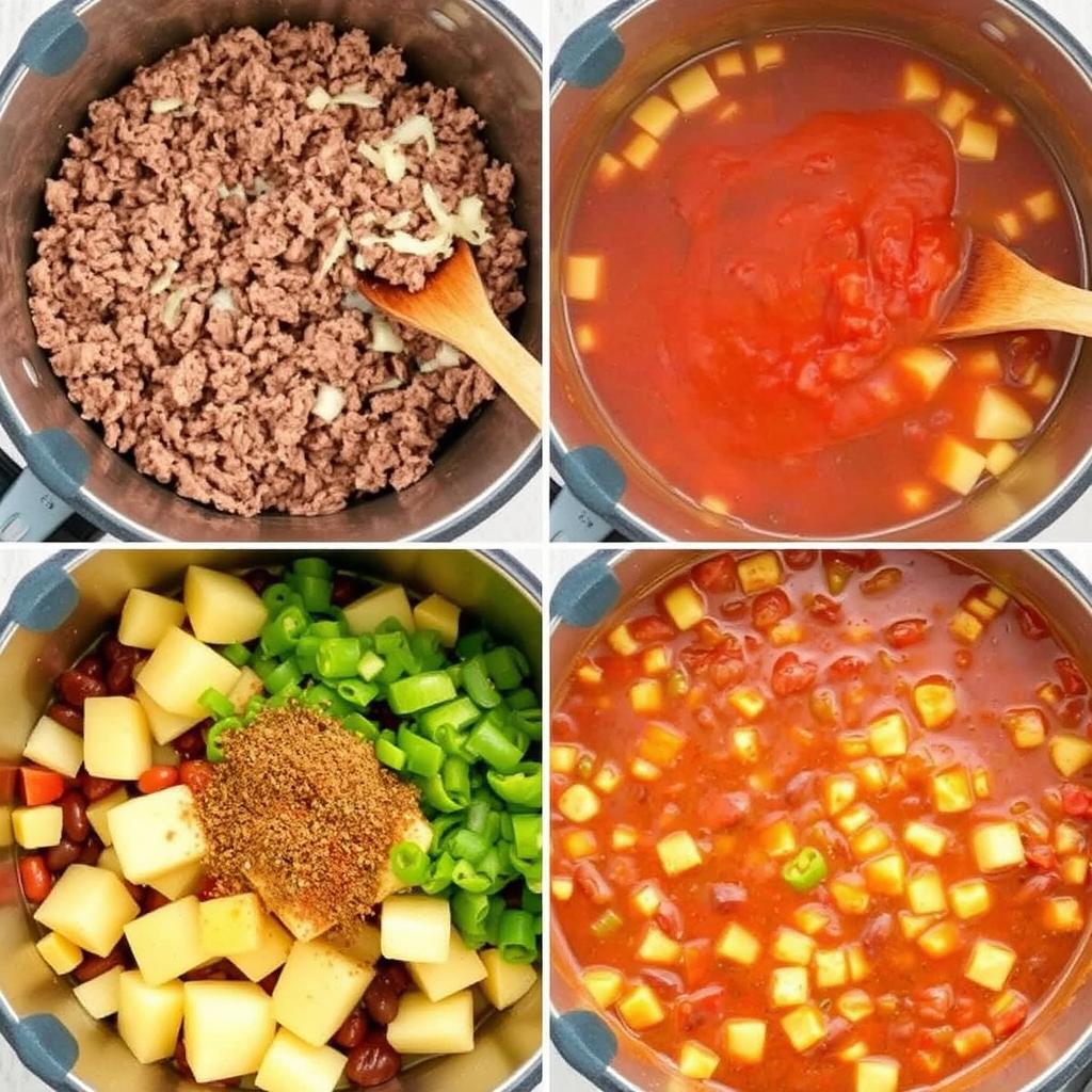 Brown the Ground Beef: Heat your stockpot over medium heat and add the ground beef. Cook until browned, breaking it into small pieces with a wooden spoon. Drain excess fat if needed.

Sauté Aromatics: Add the chopped onions and minced garlic to the pot. Cook for 2-3 minutes until fragrant and softened.

Add Veggies and Seasoning: Stir in the diced potatoes, corn, kidney beans, and jalapeños (if using). Sprinkle with chili powder, paprika, salt, and pepper.

Incorporate Liquids: Pour in the diced tomatoes, tomato sauce, and beef broth. Stir well to combine all the ingredients.