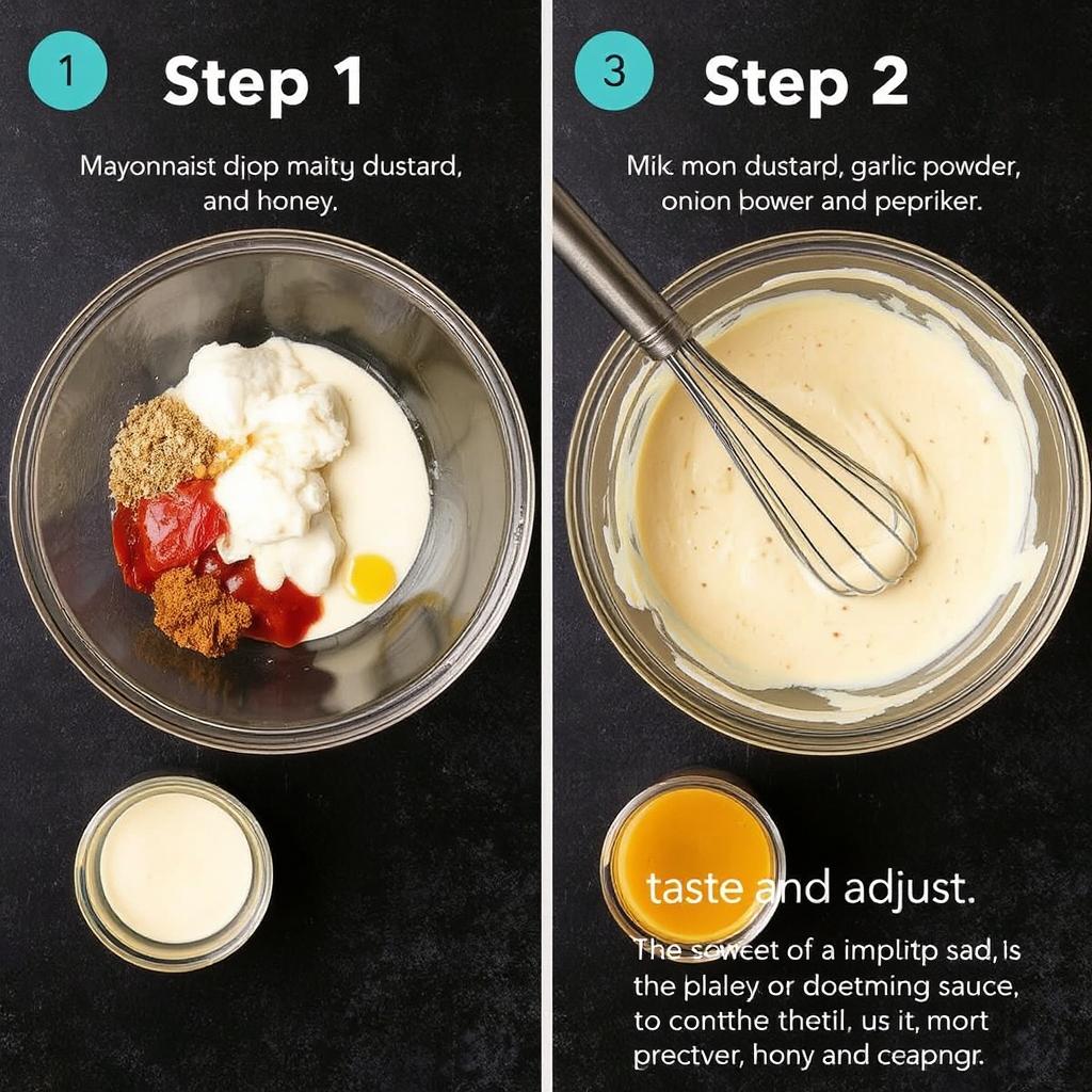 Step 1: Gather Your Ingredients
I always like to set everything out before starting—makes life so much easier when you’re juggling a few things in the kitchen (or kids running around).

Step 2: Mix It Up
In a mixing bowl, combine mayonnaise, Dijon mustard, ketchup, honey, garlic powder, onion powder, and paprika. Give it a good whisk until it’s smooth and creamy. Taste it, then adjust the seasoning with a little salt and pepper if needed.

Step 3: Taste and Adjust
If you like your sauce a little tangier, add more mustard. Prefer it sweeter? A bit more honey will do the trick. It’s all about finding that balance that makes your taste buds happy.
