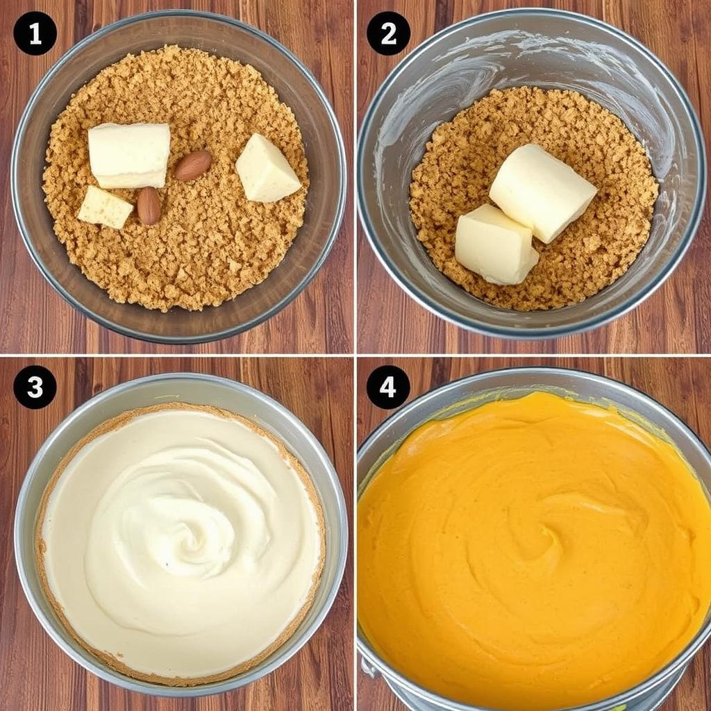 Step 1: Prepare the Crust

Preheat your oven to 350°F (175°C).

In a medium bowl, mix the graham cracker crumbs, sugar, and melted butter. It should feel like damp sand in your hands.

Press the crust mixture firmly into the bottom of the springform pan. If you’re like me, you might use the bottom of a measuring cup to make it nice and even.

Bake for 10 minutes, then let it cool while you work on the filling.

Step 2: Make the Cheesecake Filling

In a large mixing bowl, beat the cream cheese and sugar together until smooth and creamy. It should look like a fluffy cloud.

Add the pumpkin puree, eggs (one at a time), and vanilla extract. Mix gently so everything blends beautifully.

Sprinkle in the cinnamon, nutmeg, cloves, and flour. Stir until just combined—don’t overdo it.

Finally, fold in the sour cream for that velvety finish.