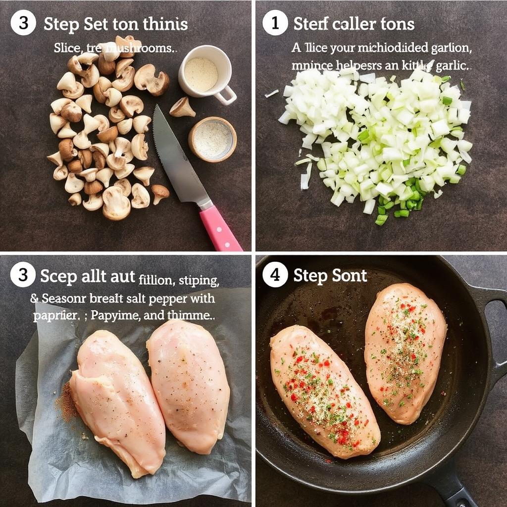 Step-by-Step Instructions

Preparing the Ingredients

Preheat your oven to 375°F (190°C).

Slice the mushrooms, dice the onion, and mince the garlic—this is a great step for little helpers to join in!

Season the chicken breasts with salt, pepper, paprika, and thyme.