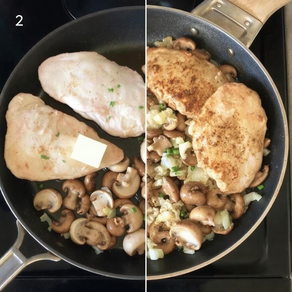 Cooking the Chicken and Mushrooms

Heat olive oil in a large skillet over medium heat.

Sear the chicken breasts for 3-4 minutes per side until golden brown. Remove and set aside.

In the same skillet, add butter, mushrooms, onion, and garlic. Sauté until the mushrooms are browned and the onions are soft.