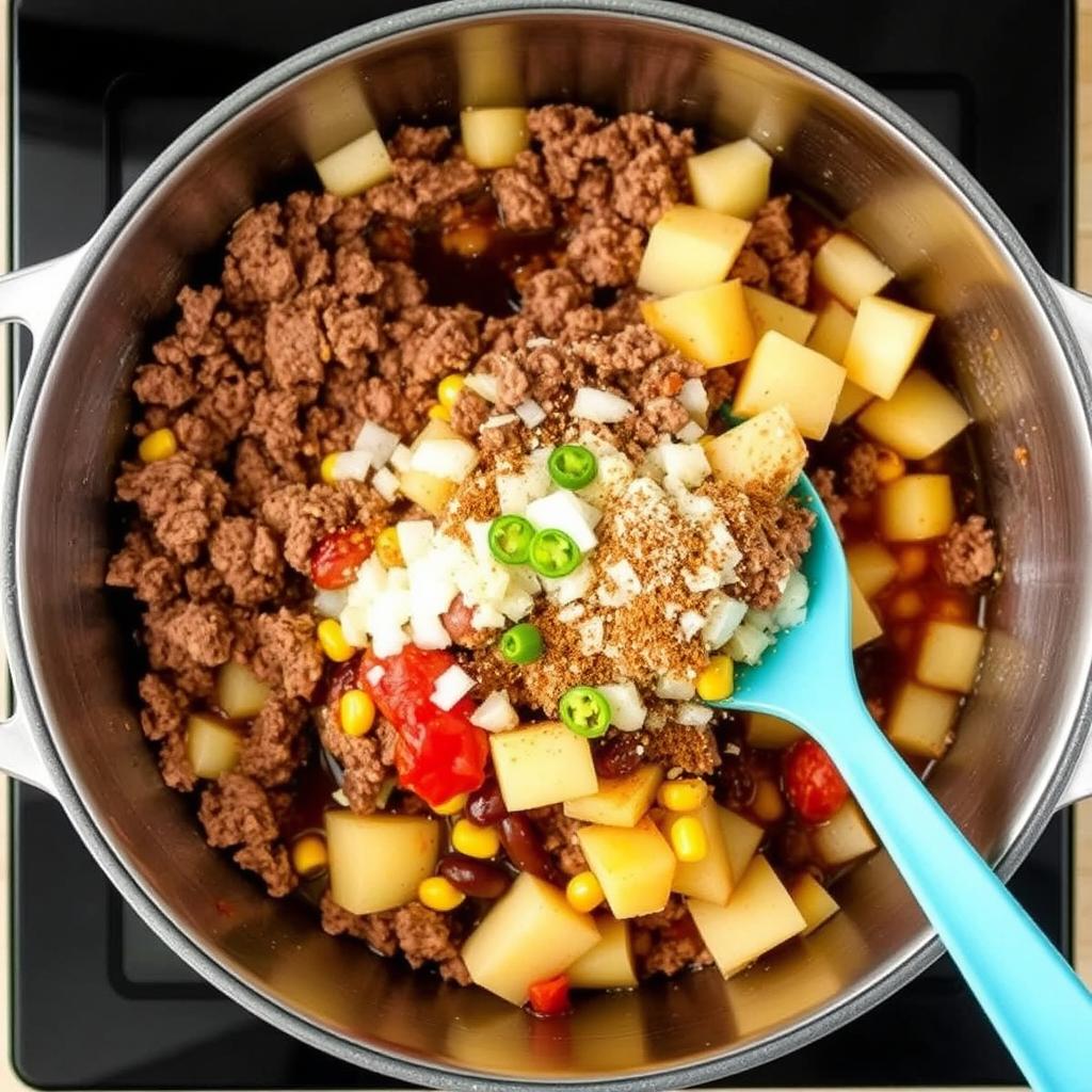 Brown the Ground Beef: Heat your stockpot over medium heat and add the ground beef. Cook until browned, breaking it into small pieces with a wooden spoon. Drain excess fat if needed.

Sauté Aromatics: Add the chopped onions and minced garlic to the pot. Cook for 2-3 minutes until fragrant and softened.

Add Veggies and Seasoning: Stir in the diced potatoes, corn, kidney beans, and jalapeños (if using). Sprinkle with chili powder, paprika, salt, and pepper.

Incorporate Liquids: Pour in the diced tomatoes, tomato sauce, and beef broth. Stir well to combine all the ingredients.