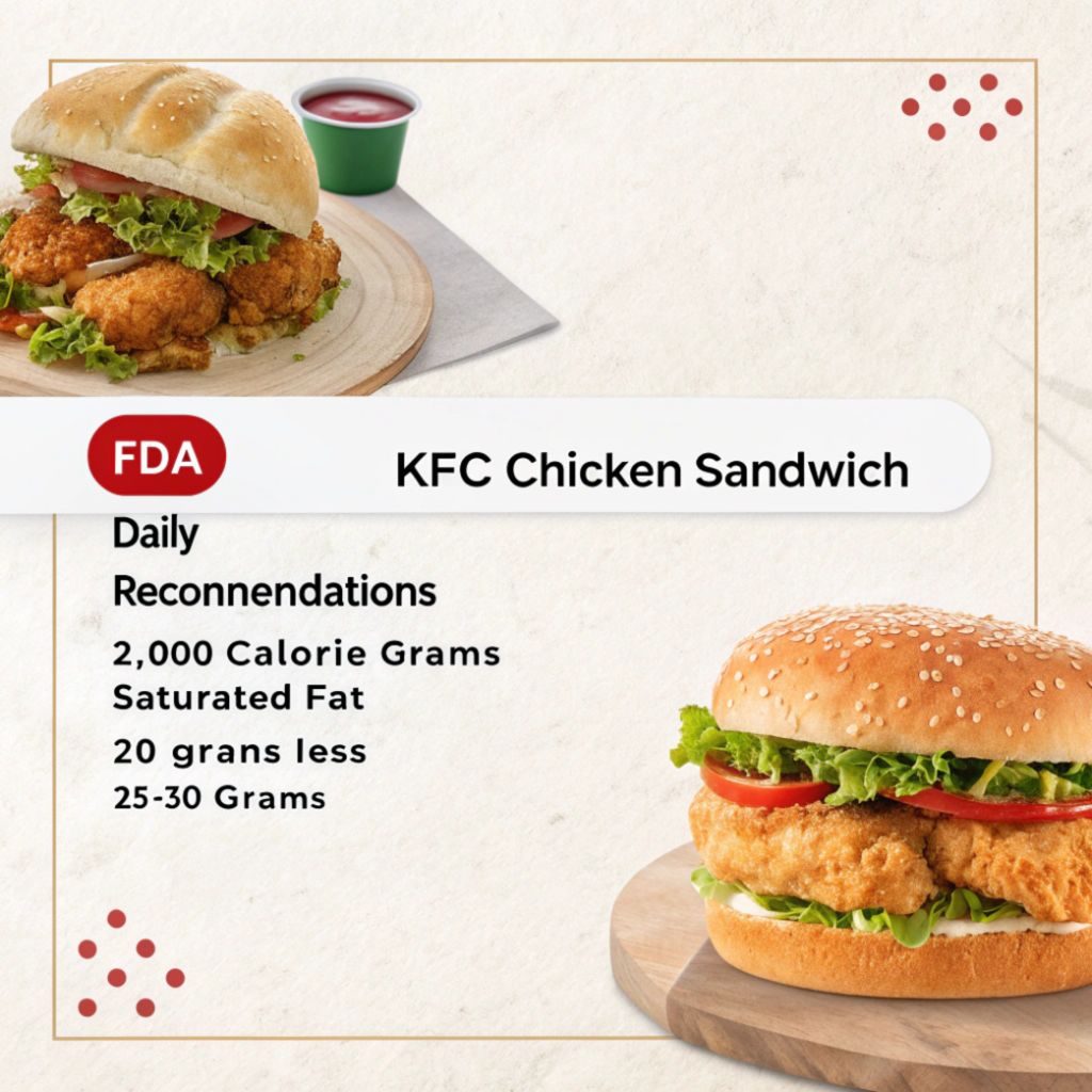 Is the Fat Content Reasonable?

Comparing to Daily Recommendations

The FDA recommends a daily intake of about 70 grams of fat for a 2,000-calorie diet, with saturated fat limited to 20 grams or less. At 25-30 grams of fat, the KFC Chicken Sandwich provides about 35-43% of your daily fat allowance. While it’s a significant amount, it’s manageable if balanced with lower-fat meals throughout the day.

Healthier Alternatives at KFC

For those seeking lower-fat options, consider the following:

Grilled Chicken Sandwich: Offers a similar flavor profile with less fat due to the absence of frying.

Salads with Grilled Chicken: Pair these with a light dressing for a lower-fat meal.

Tips for Enjoying the KFC Chicken Sandwich in Moderation

Pair It Wisely: Balance the meal by choosing a side salad or steamed vegetables instead of fries.

Portion Control: If the full sandwich feels like too much, share it with a friend or save half for later.

Drink Smart: Opt for water or unsweetened tea to avoid adding extra calories from sugary drinks.