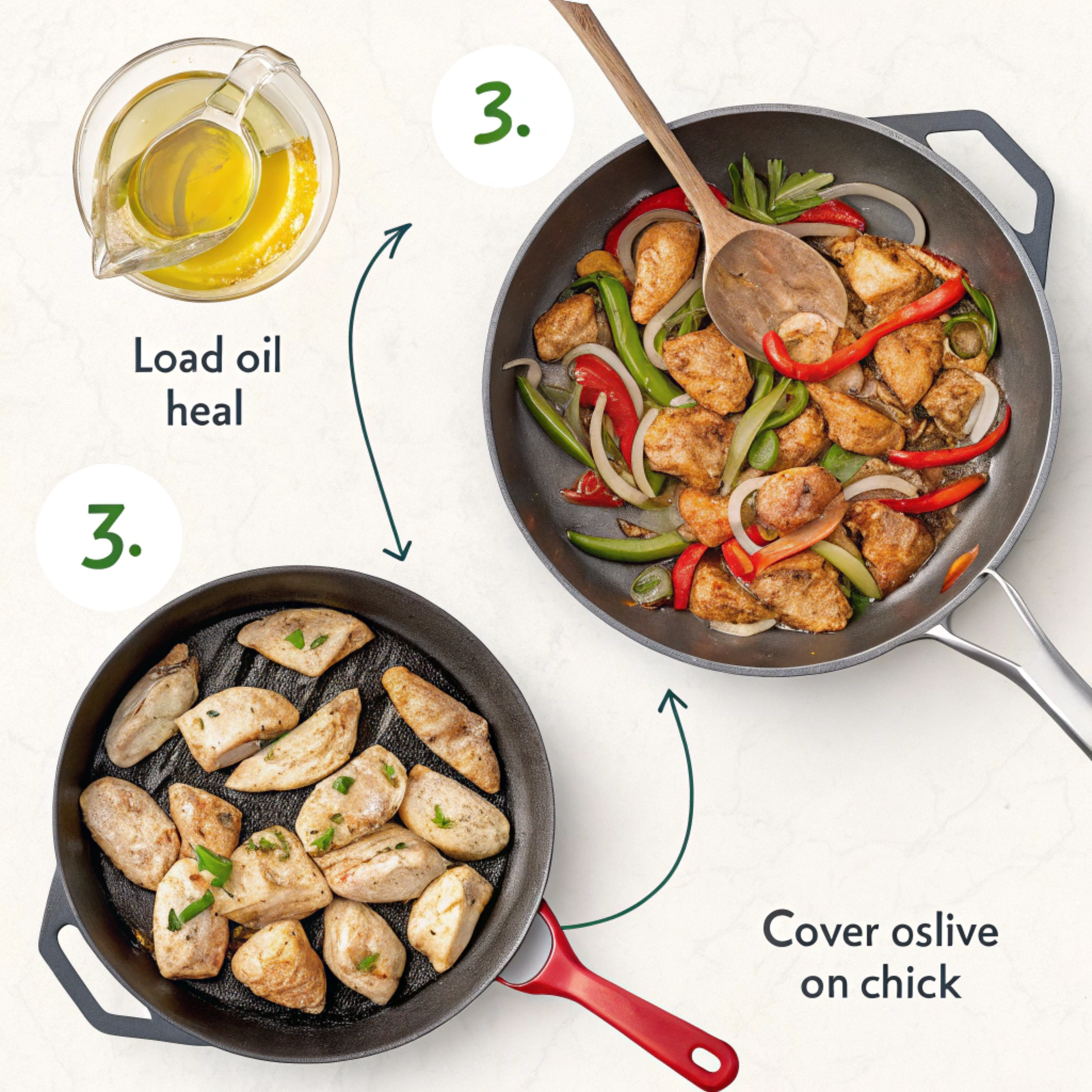 Step 3: Cook the Chicken

Heat a large skillet over medium-high heat. Add 1 tablespoon of olive oil, then cook the chicken in batches to avoid overcrowding the pan. Sear each side for 4-5 minutes or until fully cooked. Transfer to a plate and cover to keep warm.

Step 4: Sauté the Vegetables

In the same skillet, add the remaining olive oil and sauté the bell peppers and onions until they’re tender yet slightly crisp, about 5-7 minutes. Season with a pinch of salt and pepper.

Step 5: Combine and Serve

Return the cooked chicken to the skillet with the vegetables. Toss everything together and heat through for 2-3 minutes. Serve immediately with warm tortillas and your favorite toppings.