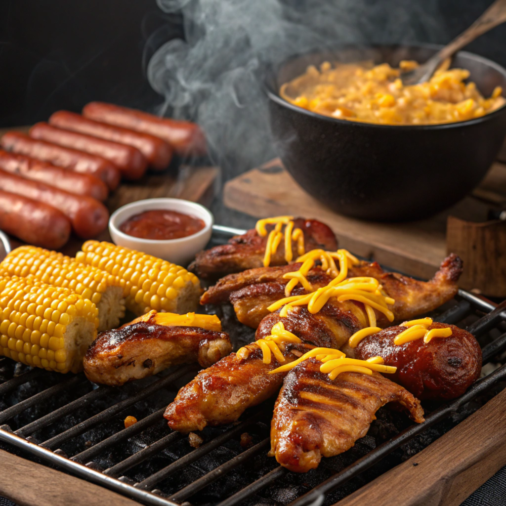 BBQ Style Raclette

Grill chicken wings, sausages, and corn. Top with BBQ sauce and melted cheddar.

