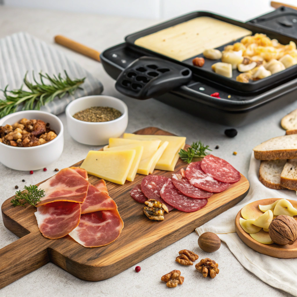  Charcuterie Board Raclette

Turn your favorite charcuterie board into a raclette experience with prosciutto, salami, cheeses, and nuts.

