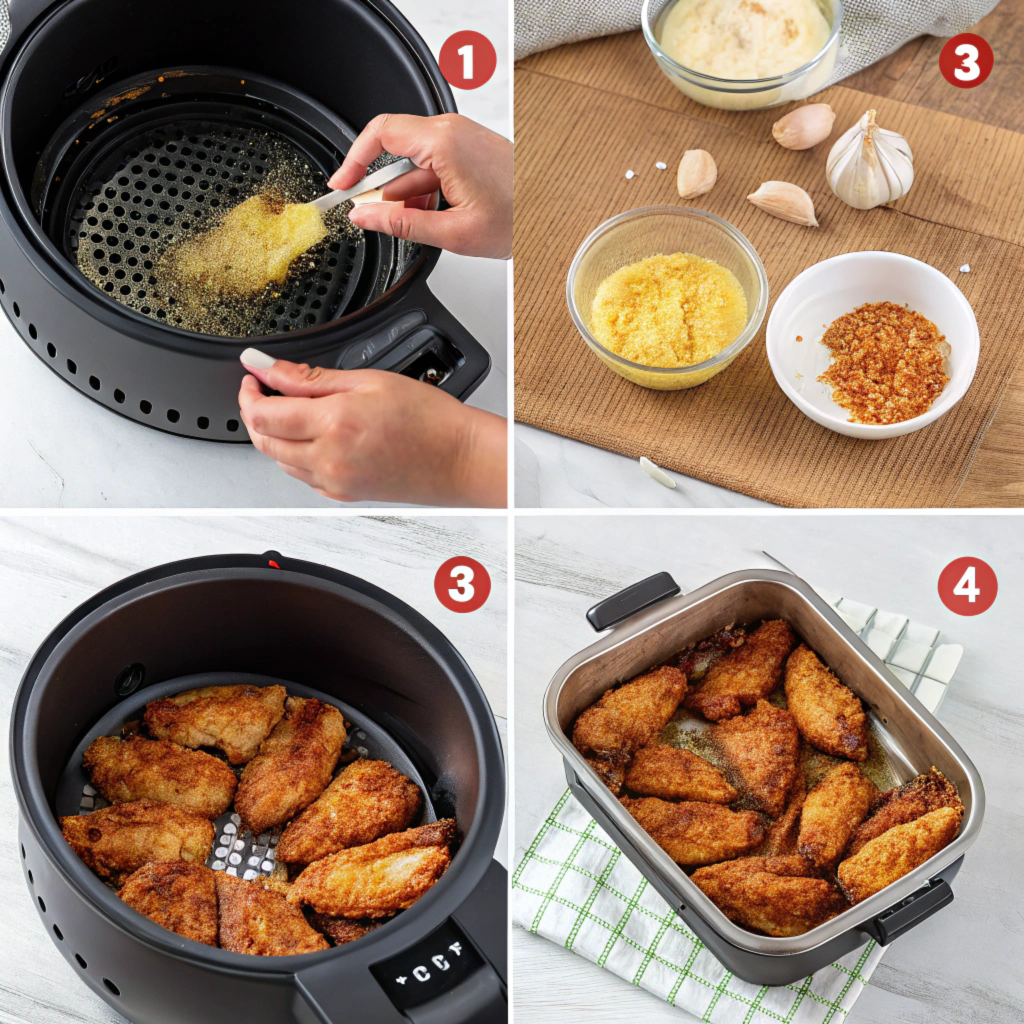 Step-by-Step Instructions for Busy Moms

Crispy Air Fryer Chicken Wings

Preheat the air fryer to 400°F.

Pat chicken wings dry and season with garlic powder, paprika, salt, and pepper.

Lightly coat with olive oil.

Place wings in a single layer in the basket.

Cook for 20 minutes, flipping halfway through. They’ll come out golden and perfect every time.