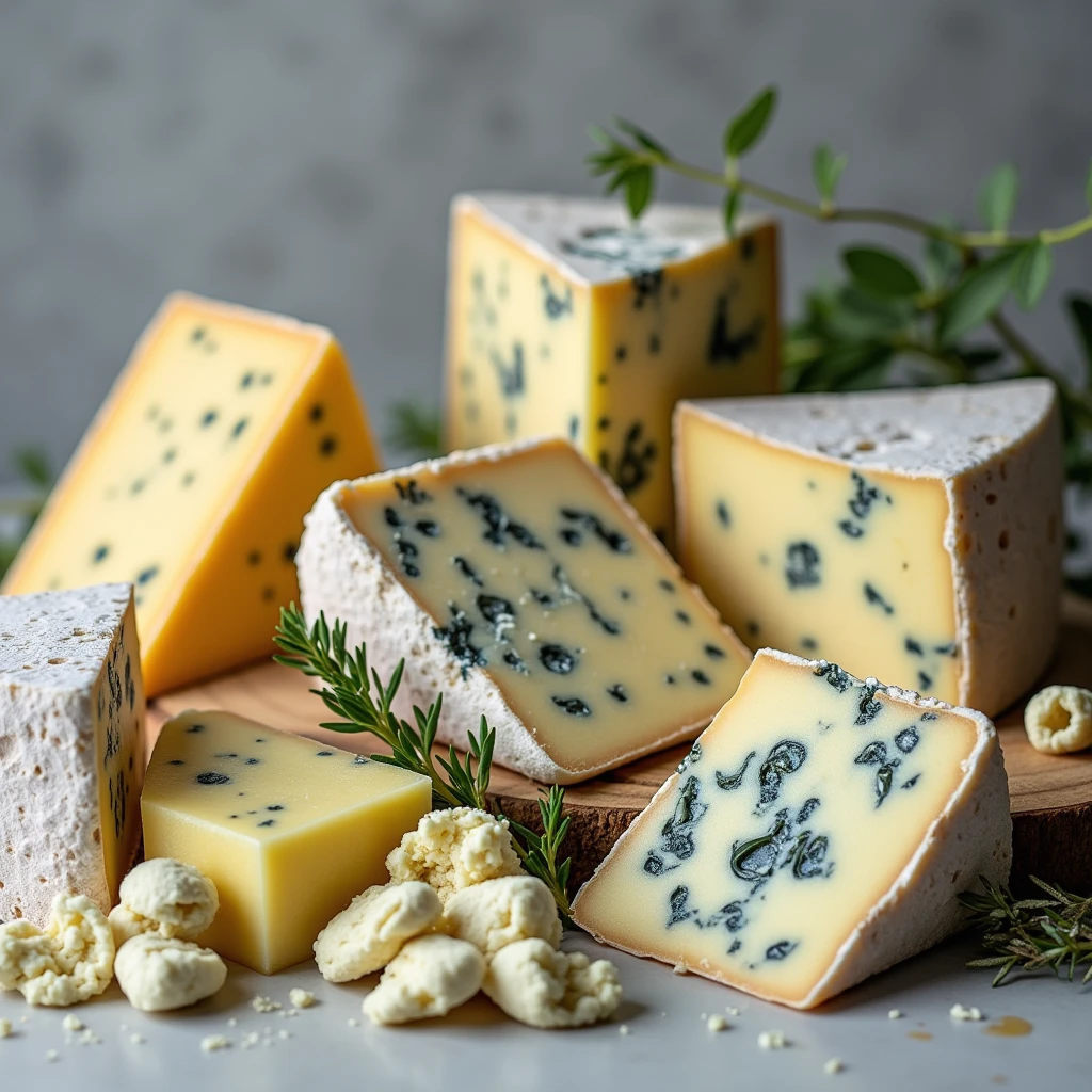 Blue Cheeses

Examples: Gorgonzola, Stilton, Roquefort

Flavor Profile: Bold, tangy, and crumbly